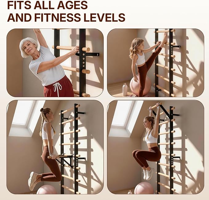 GMWD Swedish Ladder, Stall Bar, Suspension Trainer with Pull-Up Bar and Dip Bar Attachments, Wooden Stall Bar with 9 Strategic Rods for Core Strengthening and Stretching Balanced for Body Exercises