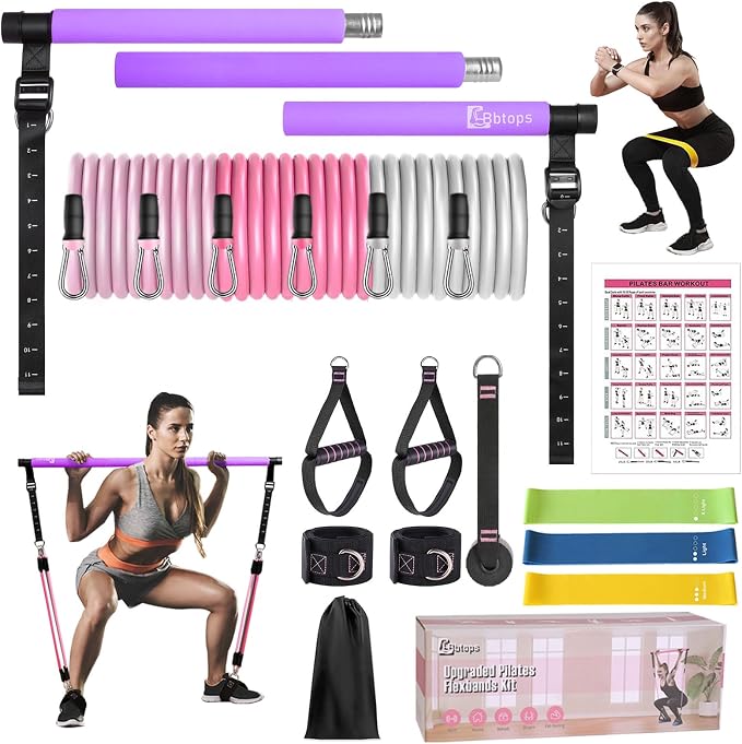Bbtops Pilates Bar Kit with Resistance Bands,Pilates Bar with Stackable Bands Workout Equipment for Legs,Hip,Waist and Arm,Exercise Fitness Equipment for Women & Men Home Gym Yoga Pilates