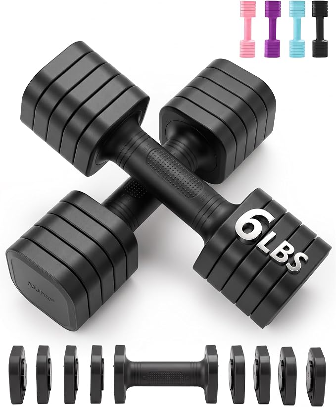 Equipro Hand Weights for Women at Home 6 LBS Adjustable Dumbbell Set of 2, Fast Adjust Dumbbells with TPU Soft Rubber Handle for Home Gym Exercise Training