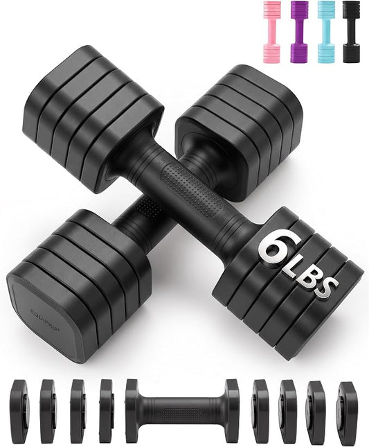 Equipro Hand Weights for Women at Home 6 LBS Adjustable Dumbbell Set of 2, Fast Adjust Dumbbells with TPU Soft Rubber Handle for Home Gym Exercise Training