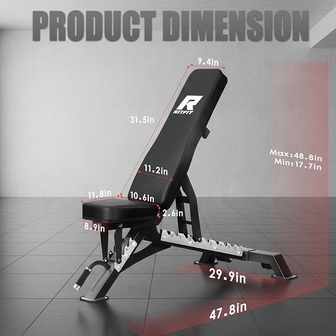 RitFit Adjustable/Foldable Utility Weight Bench for Home Gym | Incline Decline Flat, Multi-Position Backrest & Seat, Full Body Strength Training with Heavy Duty Steel Frame, Foldable