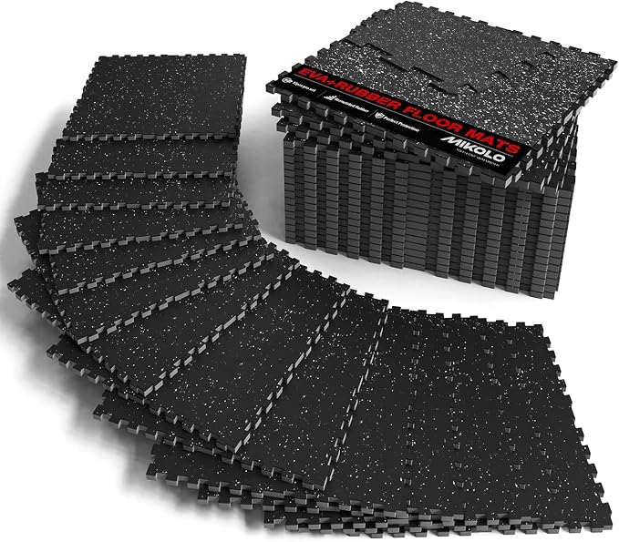 Mikolo 0.56'' Thick 12 Pcs 48 Sq Ft Gym Flooring Mats, High-Density EVA Foam with Rubber Top, Interlocking Exercise Equipment Mats for Home Gym, Protective Workout Mat