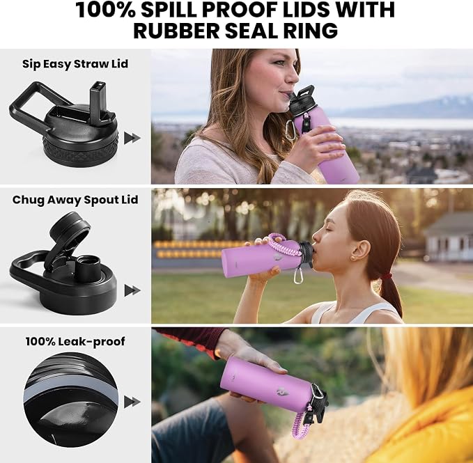 RAYMYLO Insulated Water Bottle 40 oz, Triple Wall Vacuum Stainless Steel | (Cold for 36Hrs, Hot for 18Hrs), Leak Proof & Non-BPA, Modern Water Flask Jug with Paracord Handle & Straw Spout Lids