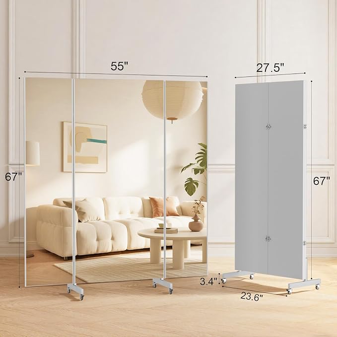 brisafe 67"x55" Folding Mirror with Wheels, 3-Panel Full Length Standing Mirror, Space-Saving, Shatterproof Nano Material, Portable Floor Mirror for Gym, Dance Studio, Home, Commercial Use, Black