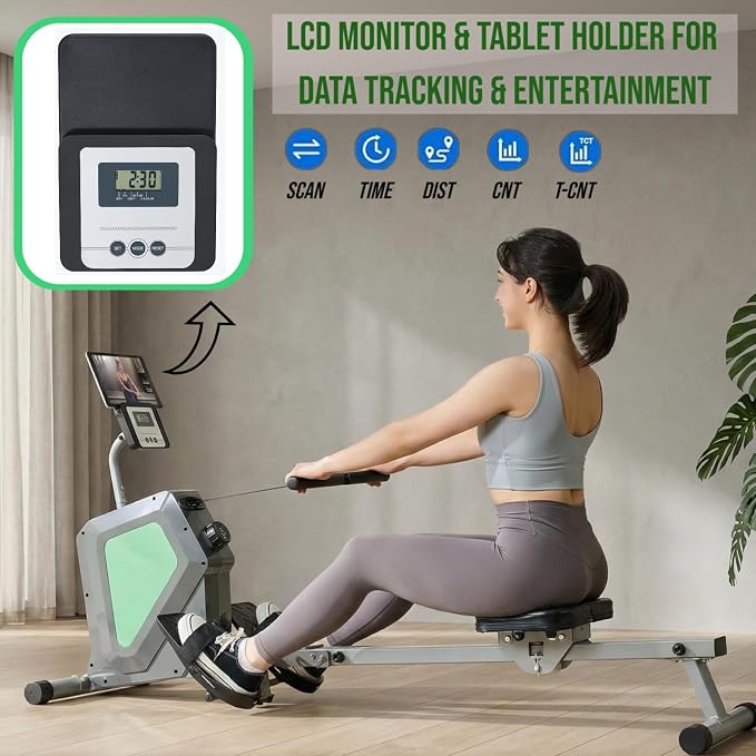 Magnetic Rowing Machine, Quiet Foldable Rower with 8-Level Resistance, LCD Monitor & Tablet Holder, Full-Body Low-Impact Cardio Equipment, Optional 2-in-1 Strength Training