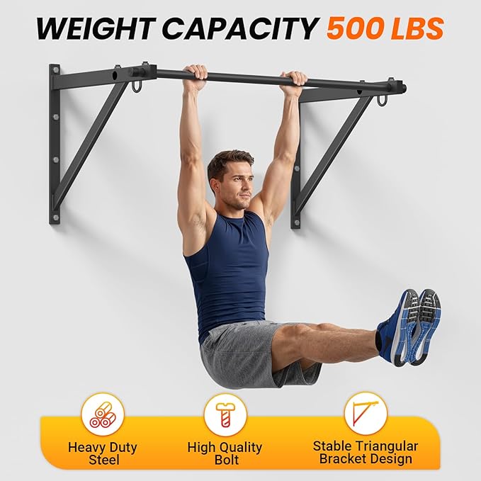 Wall Mounted Pull Up Bar with 500LBS Weight Capacity | 51" Length Chin Up Bar, Easy to Install, Adjustable Strength Training Pull-Up Bars, Reinforced Thick Metal Construction