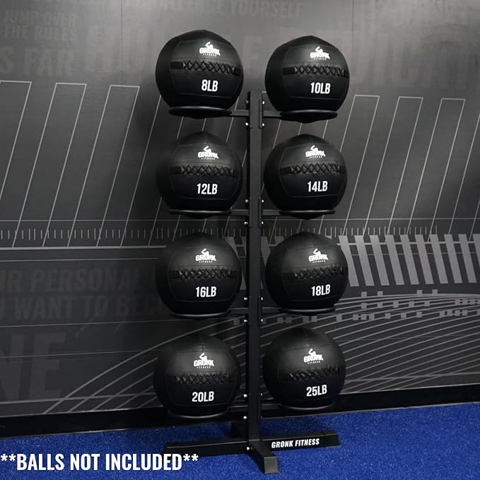 Gronk Fitness Wall Ball Rack | Vertical Gym Ball Storage Stand | Heavy-duty steel rack | Holds 8 wall, slam or soft medicine balls | Compact gym ball holder stand