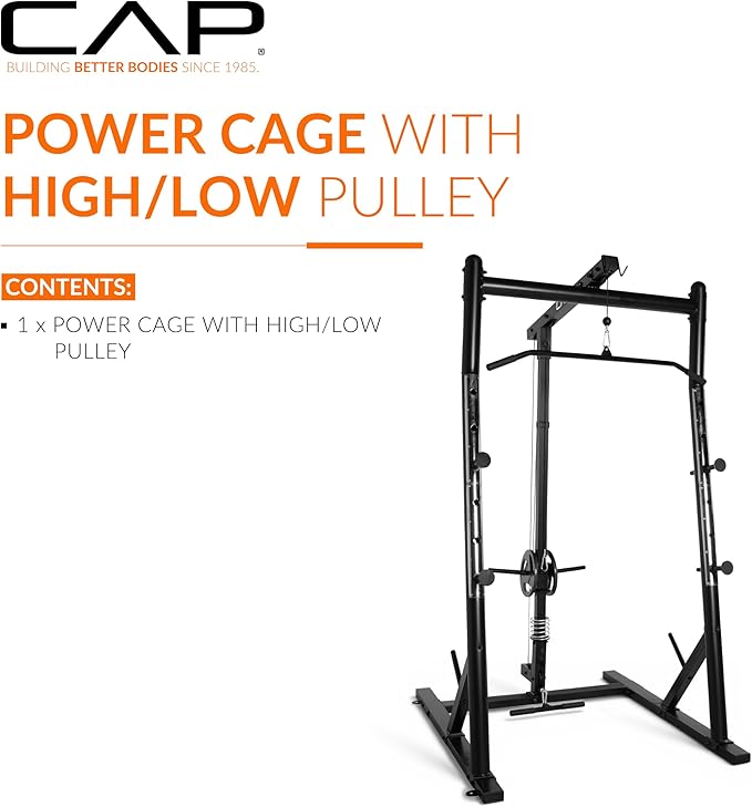 CAP Barbell Power Cage with High-Low Pulleys – Heavy-Duty Power Rack for Home Gym – Adjustable Gym Rack & Weight Cage with Pull Up Bar, Dip Station, and Plate Storage