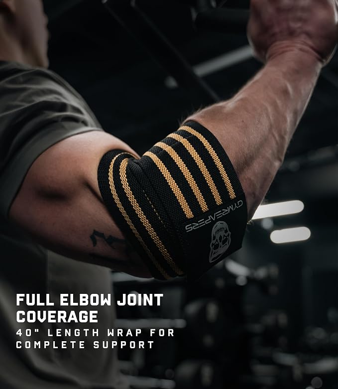 Gymreapers Weightlifting Elbow Wraps (1 Pair) - Flexible 40'' Elbow Compression Strap & Joint Support Brace - for Bench Press, Powerlifting, and Pressing