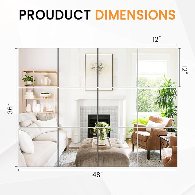 Full Length Wall Mirror Tiles, HD Glass Gym Mirror, Set of 12Pcs 12″ Square Wall Mounted Mirrors for Home Gym, Dance Yoga Studio, Bedroom, Door