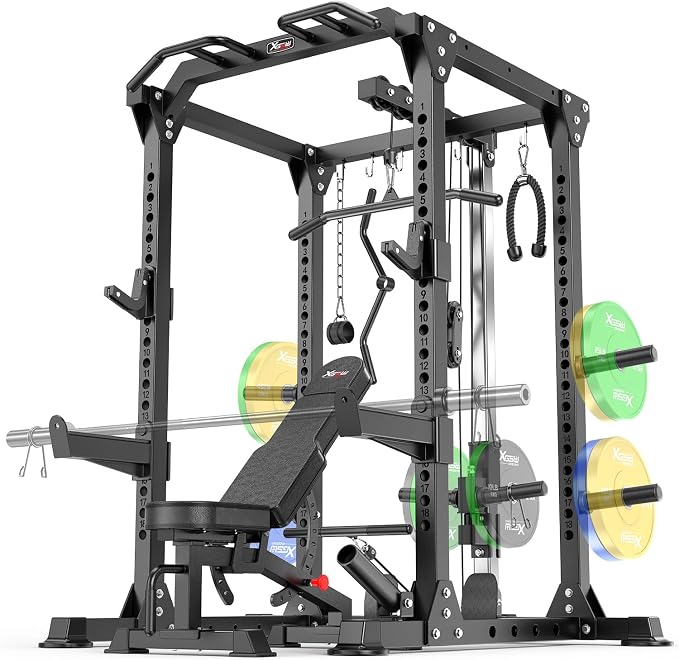 Power Cage Multi-Function Power Rack with Cable Crossover System,1500 LBS Capacity Squat Rack with Weight Bench,for Home Gym