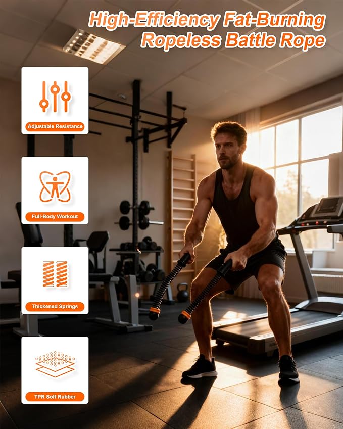 Ropeless Battle Ropes, Adjustable Portable Workout Equipment for Home Gym | Spring-loaded resistance; weighted end balls; textured nonslip grips; secure wrist straps; controlled rebound with each swing