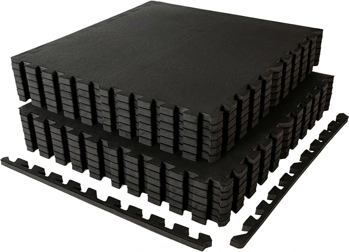 SUPERJARE 1" Extra-Thick Rubber Top Exercise Mat, Puzzle Gym Flooring for Home Gym, Gym Mat for Workout Equipment, Interlocking Floor Tiles with EVA Foam, 12 Pcs 48 Sq Ft, Black