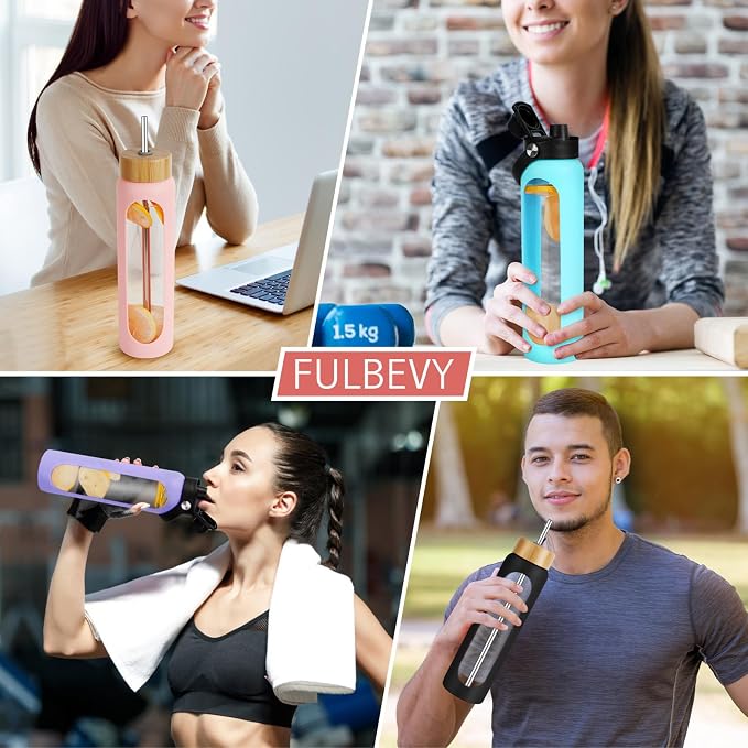 FULBEVY 32 oz Glass Water Bottle with Time Marker, 2 Lids & Silicone Sleeve
