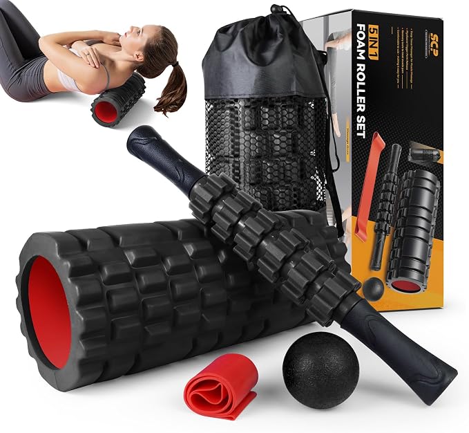 SUBCULTUREPICK 5 in1 Foam Roller Set, Trigger Point Foam Roller Deep Tissue | Massage Roller Stick, Massage Ball, Resistance Band for Physical Therapy, Pilates Yoga,Fitness Exercise for Whole Body Black