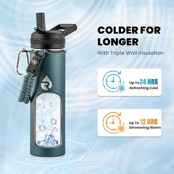 RAYMYLO Insulated Water Bottle 20 oz, Triple Wall Vacuum Stainless Steel | (Cold for 24Hrs, Hot for 12Hrs), Leak Proof & Non-BPA, Modern Water Bottle Jug for School with Straw Spout Lids