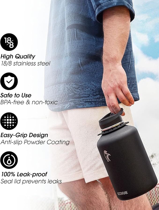Coolflask Half Gallon Water Bottle Insulated Stainless Steel with Strap | 64 oz Large Water Jug with Straw & Spout Lids,Triple-Wall, Cold 48+h,Dishwasher Safe, Leakproof, BPA-Free,for Gym & Hiking