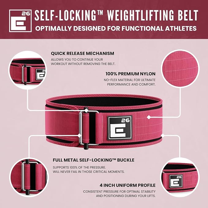 Element 26 Self-Locking Weight Lifting Belt | 4” Back Support for Gym, Powerlifting, Body Building, Cross Training, Men, Women, Deadlift, Squat, Quick Locking, Competition