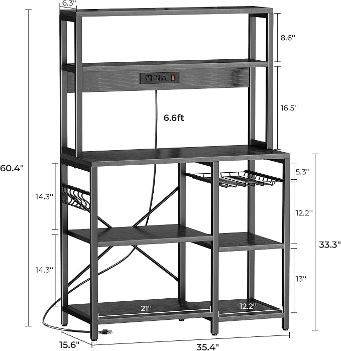 SUPERJARE Bakers Rack with Power Outlet, 35.4 Inches Coffee Bar with Basket | Kitchen Microwave Stand with 11 S-Shaped Hooks, Open Storage Shelves, Black