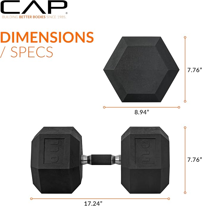 CAP Rubber Coated Dumbbell Weights, Free Weights for Home Gym Strength Training, Anti-Roll Hex Dumbbells with Black, Chrome & Comfort Grip Handles, Singles