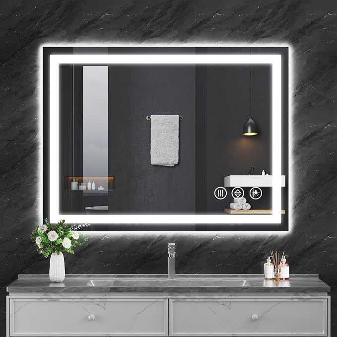 Koonmi 40x30 LED Bathroom Mirror with Light, Anti-Fog, 3 Colors | Backlit + Front Lit, Dimmable Brightness, Shatterproof HD Distortion-Free Tempered Glass, Hardware Included