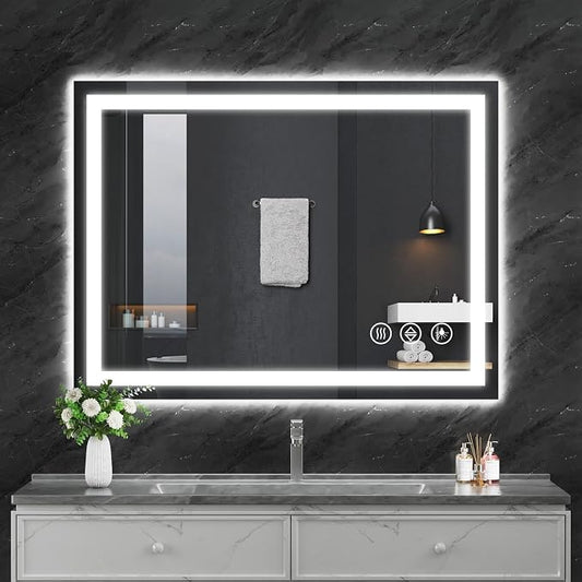 Koonmi 40x30 LED Bathroom Mirror with Light, Anti-Fog, 3 Colors | Backlit + Front Lit, Dimmable Brightness, Shatterproof HD Distortion-Free Tempered Glass, Hardware Included