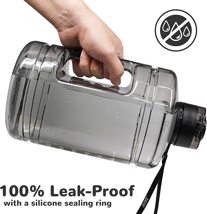 1 Gallon Water Bottle, Water Jug with Motivational Time Marker & Handle | BPA Free,Gallon Water Jug, Half Gallon water Bottle for Sport Gym Camping Workout Outdoors Yoga (Clear Black)