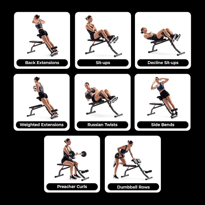 Sunny Health & Fitness Foldable Roman Chair, Back Hyperextension Bench | Adjustable Height, Folds Flat for Storage, Built in Dip Station, Targets Back, Abs & Core, Crunches & Back Extensions