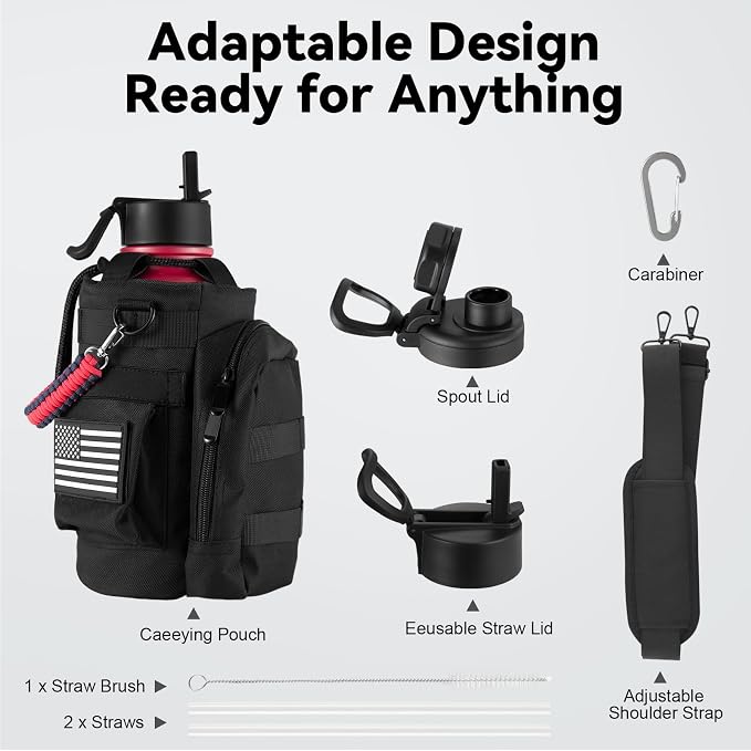 KXIAOCHEN Insulated Water Bottle with Strap, 48-Hour Cold, 2 Lids | Triple-wall insulation, lead-free 18/8 Stainless steel, paracord handle, carabiner clip, for gym, hiking, camping and travel