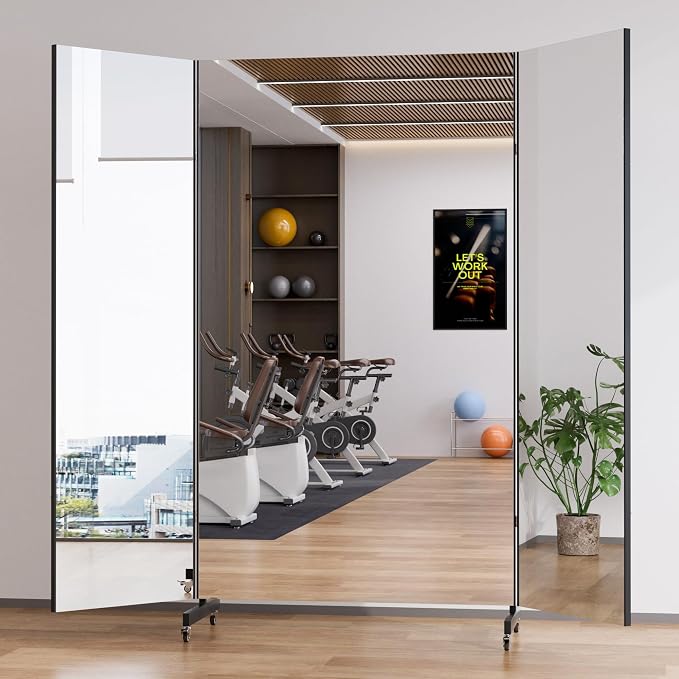 brisafe 79''×67'' Large Full Body Non-Glass Frameless Mirror on Wheels, NanoMirror 360° Swivel Shatterproof Unbreakable Foldable Fitness Mirror for Home Gym Yoga Dance Studio, Back | Tri-Fold Compact Storage, Nano Shatter-Resistant, Aerospace Aluminum,...