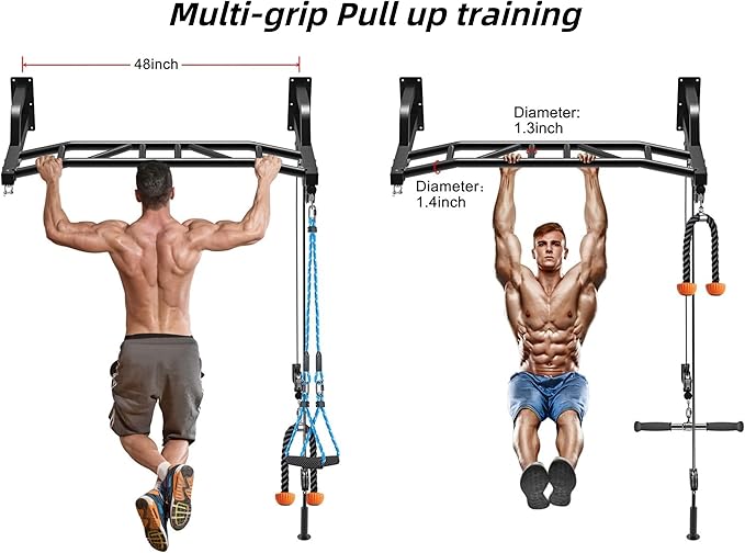SELEWARE 48'' Heavy Duty Wall Mount Pull Up Bar with Cable Pulley System | Multi-function Chin up Bar with Cable Pulleys LAT Pulldown Attachments Heavy Bag Hanger for Home/Garage Gym Strength Training
