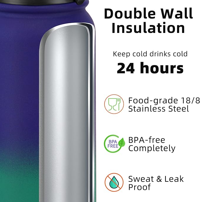 Fanhaw 20 oz Insulated Stainless Steel Water Bottle with Anti-Dust Chug Lid, Leakproof Vacuum Metal Everyday Use Bottle for Kids, Teens & Adults, Back to School Essentials (Purple Green)