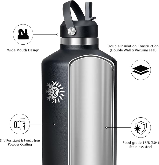 128oz Insulated Water Bottle, Triple Wall Vacuum Stainless Steel Bottle, 48H Cold & 24H Hot, Leak-Proof BPA-F Jug with Straw & Spout Lids for Sports & Outdoor