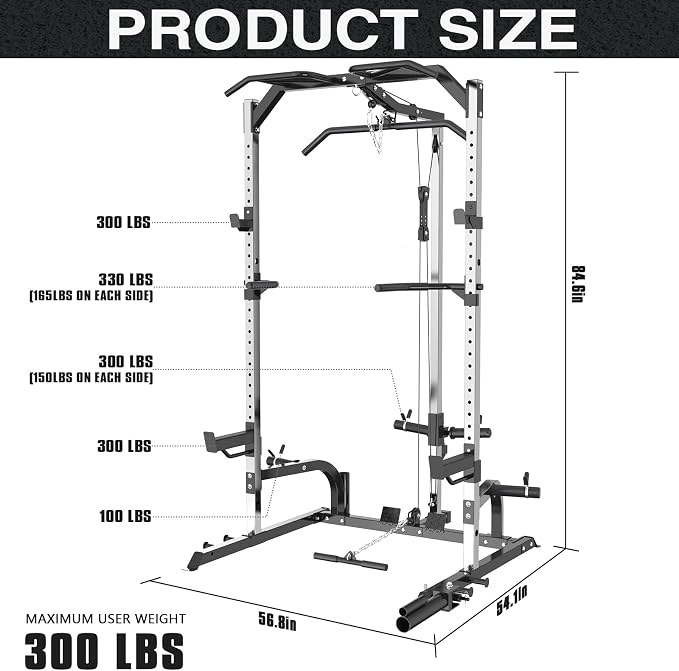 Power Cage Power Rack with LAT Pulldown Workout Cage Dip Handles Cable Pulley SystemSquat Rack for Home Gym