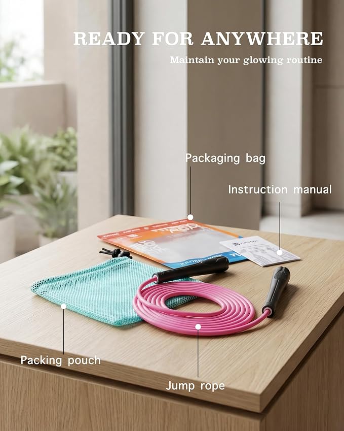 YUEDONG Women's Silent Jump Rope, Adjustable PVC Rope for Apartment Fitness | Whisper-quiet rotation, adjustable tangle-free PVC rope, ergonomic grip, carry pouch, for apartment cardio and home workouts