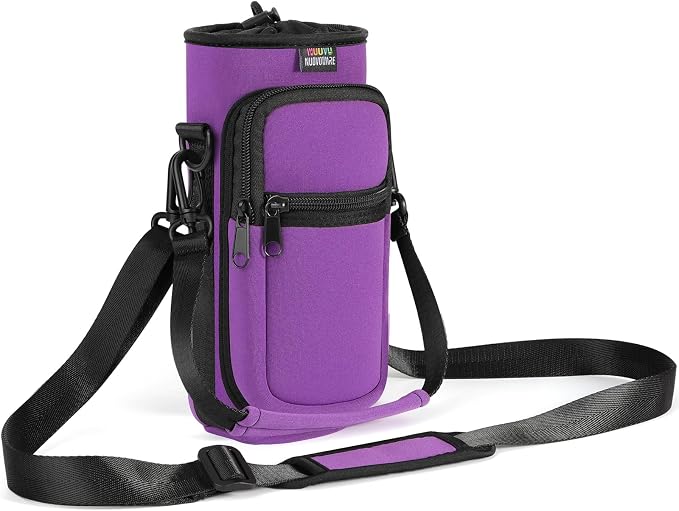 Nuovoware Water Bottle Carrier Bag, 25oz/32oz Bottle Pouch Holder, Adjustable Shoulder Hand Strap 2 Pocket Sling Neoprene Sleeve Sports Accessories for Men/Women Hiking Travelling, Purple
