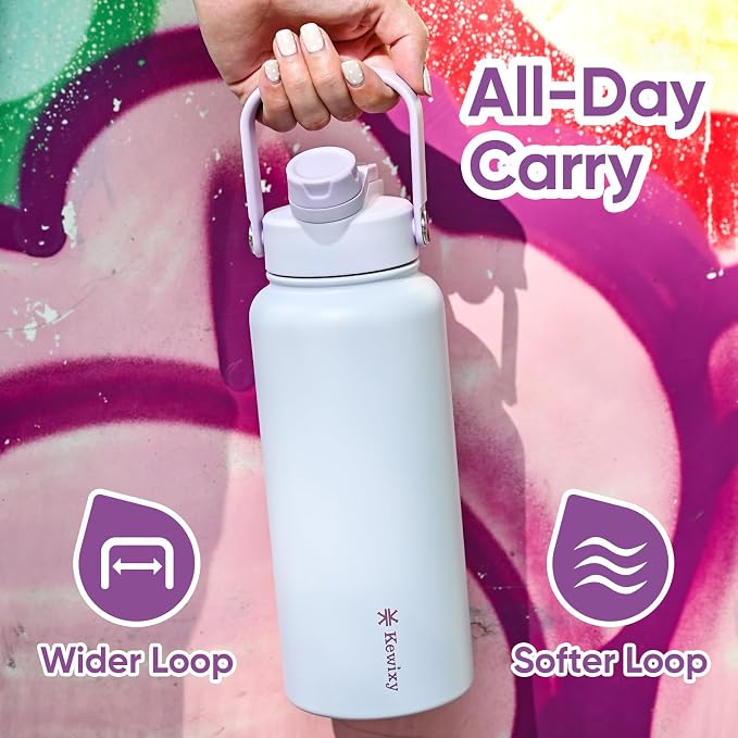 KEWIXY 32 oz Insulated Water Bottle, 2-in-1 Lid, Straw & Spout with Protected, Leak Proof, Keep Cold, Stainless Steel, Metal, Reusable, Handle, for Outdoor, Gym and School, 2 Lids, Pale Mauve