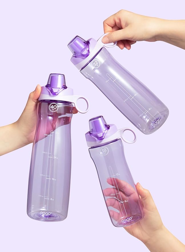 Pogo 32oz Plastic Water Bottle with Chug Lid and Carry Loop, Lilac | Leakproof water bottle with chug lid and carry handle. BPA-free, great for travel, school, outdoors, and gym.