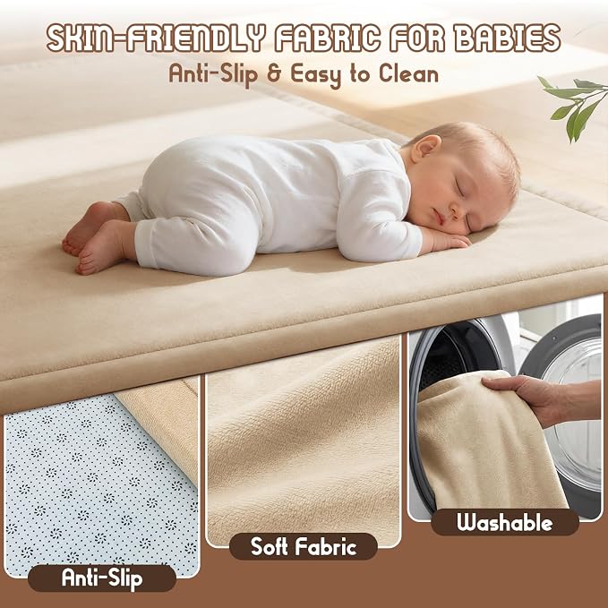 Baby Play Mat for Floor, 74'' x 50'' Thicken Foam Soft Padded Playmat for Tummy Time, Playpen Mat for Toddlers Infant Kids, Water-Repellent Coral Velvet, Non-Slip Bottom Safe for Crawling (Brown)