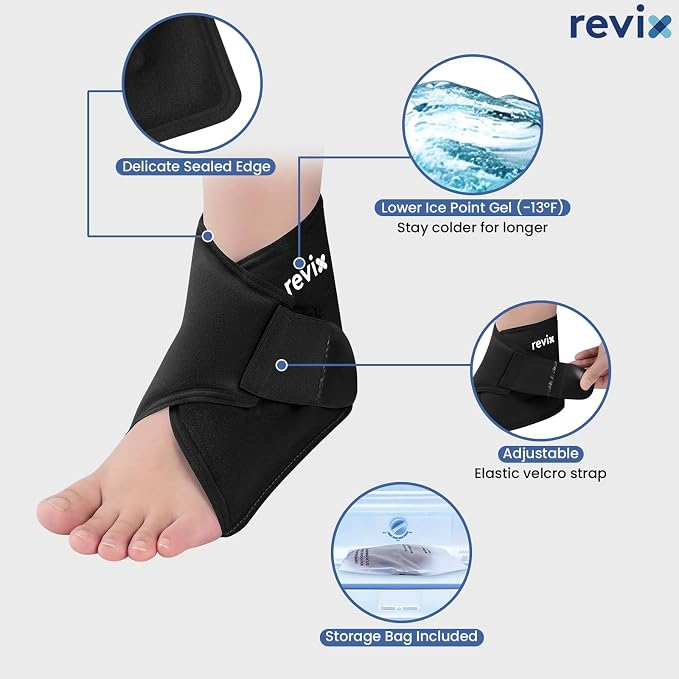 REVIX Foot Ice Pack Wrap for Plantar Fasciitis & Foot Pain Relief, Black | Ankle Ice Wrap, Adjustable One-Size Fit, Flexible Gel for Achilles Tendonitis, Sprained Ankle, Sport Recovery and Swelling