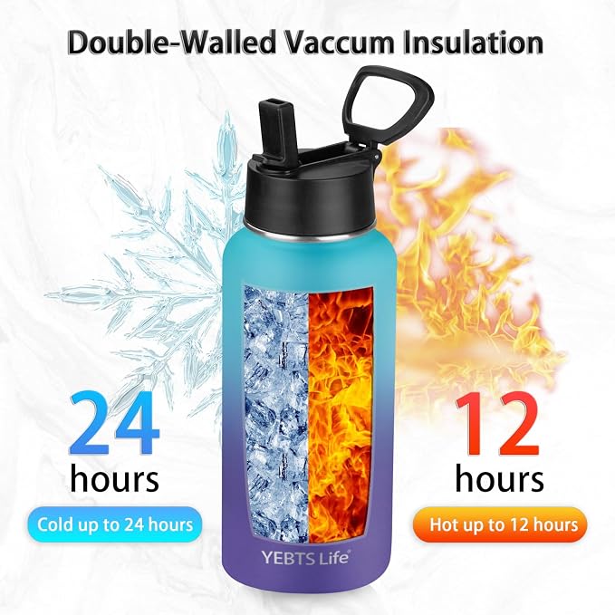 Insulated Water Bottle With Straw, 32 oz Vacuum Insulated Stainless Steel Sports Water Flask, Keeps Cold and Hot, Metal Water Bottle Wide Mouth for Gym Travel Camping (Blue & Purple)