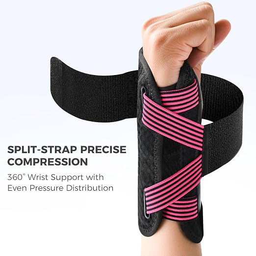 Carpal Tunnel Wrist Brace with Removable Splints, Breathable Wrist Support for Men & Women, Night & Work Support, Pain Relief, Tendonitis, Sprain, Rigid Hand Brace for Arthritis, Left Hand (L/XL, Black/Pink)