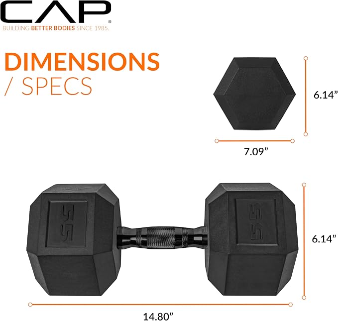 CAP Rubber Coated Dumbbell Weights, Free Weights for Home Gym Strength Training, Anti-Roll Hex Dumbbells with Black, Chrome & Comfort Grip Handles, Pairs & Sets