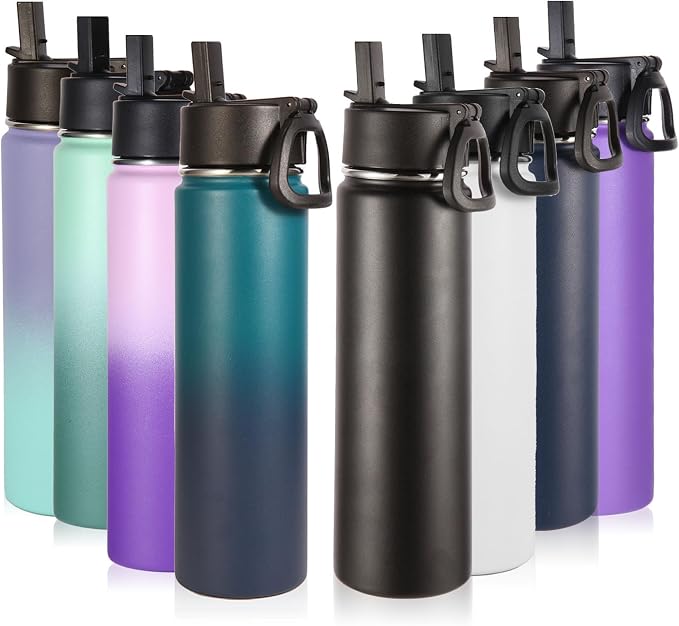 Volhoply 24oz Insulated Water Bottle With Straw Bulk 8 Pack,Metal Wide Mouth Water Bottles With Handle Keep Cold,Reusable Double Wall Cups,Powder Coated Sport Bottle For Holder(Eight Color,8 count)