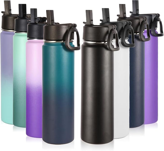 Volhoply 24oz Insulated Water Bottle With Straw Bulk 8 Pack,Metal Wide Mouth Water Bottles With Handle Keep Cold,Reusable Double Wall Cups,Powder Coated Sport Bottle For Holder(Eight Color,8 count)