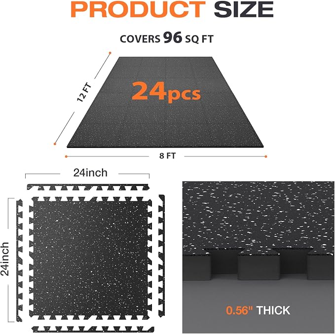 0.4'' Thick 24 Pcs 96 Sq Ft Non-Slip Rubber Top Exercise Equipment Mats, High Density EVA Foam Mats with Rubber Top, Interlocking Puzzle Gym Flooring for Home Gym, Workout Floor Mats, Black