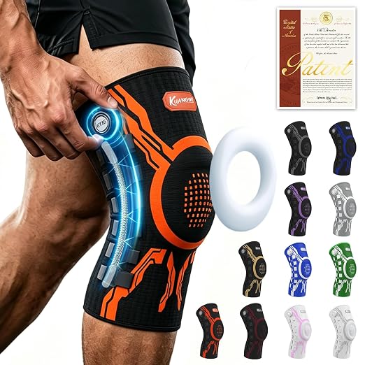 Kuangmi Knob Knee Brace for Pain Relief, Knee Support with Patella Gel Pad & Side Stabilizers, Compression Knee Sleeve for Workout, Arthritis, Joint Pain, Meniscus Tear (Orange Black,Right,Medium,Single)