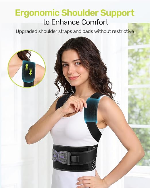 Rakiie Posture Corrector for Women Men, 4 Full Back Support Brace Bars, Adjustable Shoulder Straightener with Cushioned Pads for Hunchback, Round Shoulders, Back Pain Relief, Purple M
