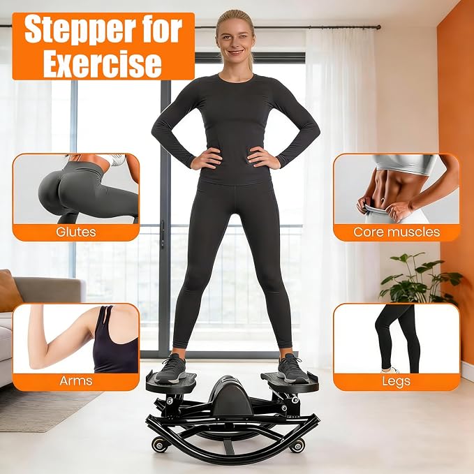 Rocking Stepper for Exercise at Home Portable Lateral Rock Stepper from Side to Side with Resistant Bands and Non-Slip Mat - Black