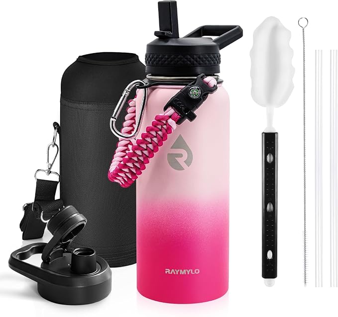 RAYMYLO Insulated Water Bottle 32 oz, Triple Wall Vacuum Stainless Steel | (Cold for 24Hrs, Hot for 12Hrs), Leak Proof & Non-BPA, Modern Water Flask Jug with Paracord Handle & Straw Spout Lids